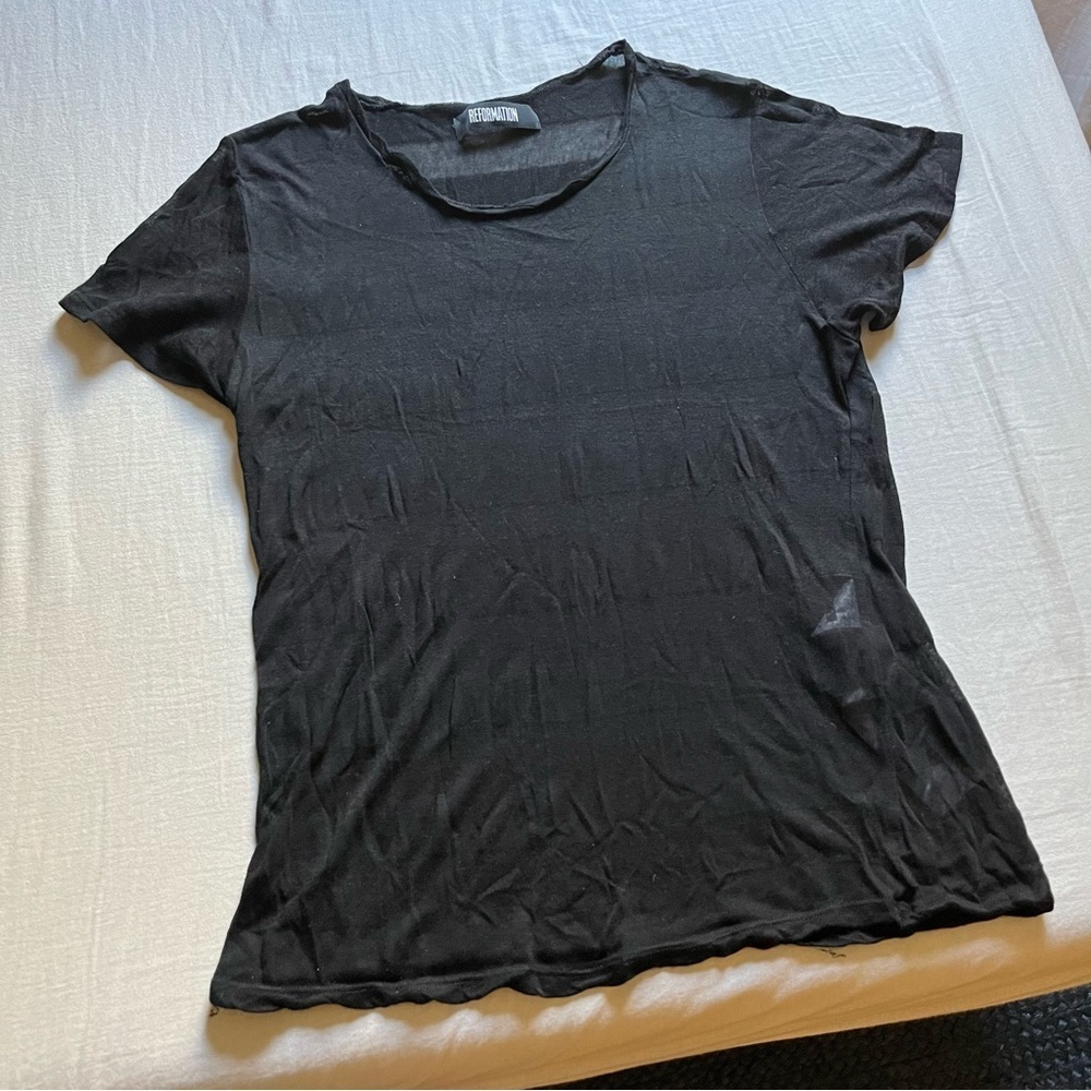 Reformation black sheer knit striped short sleeve T-shirt